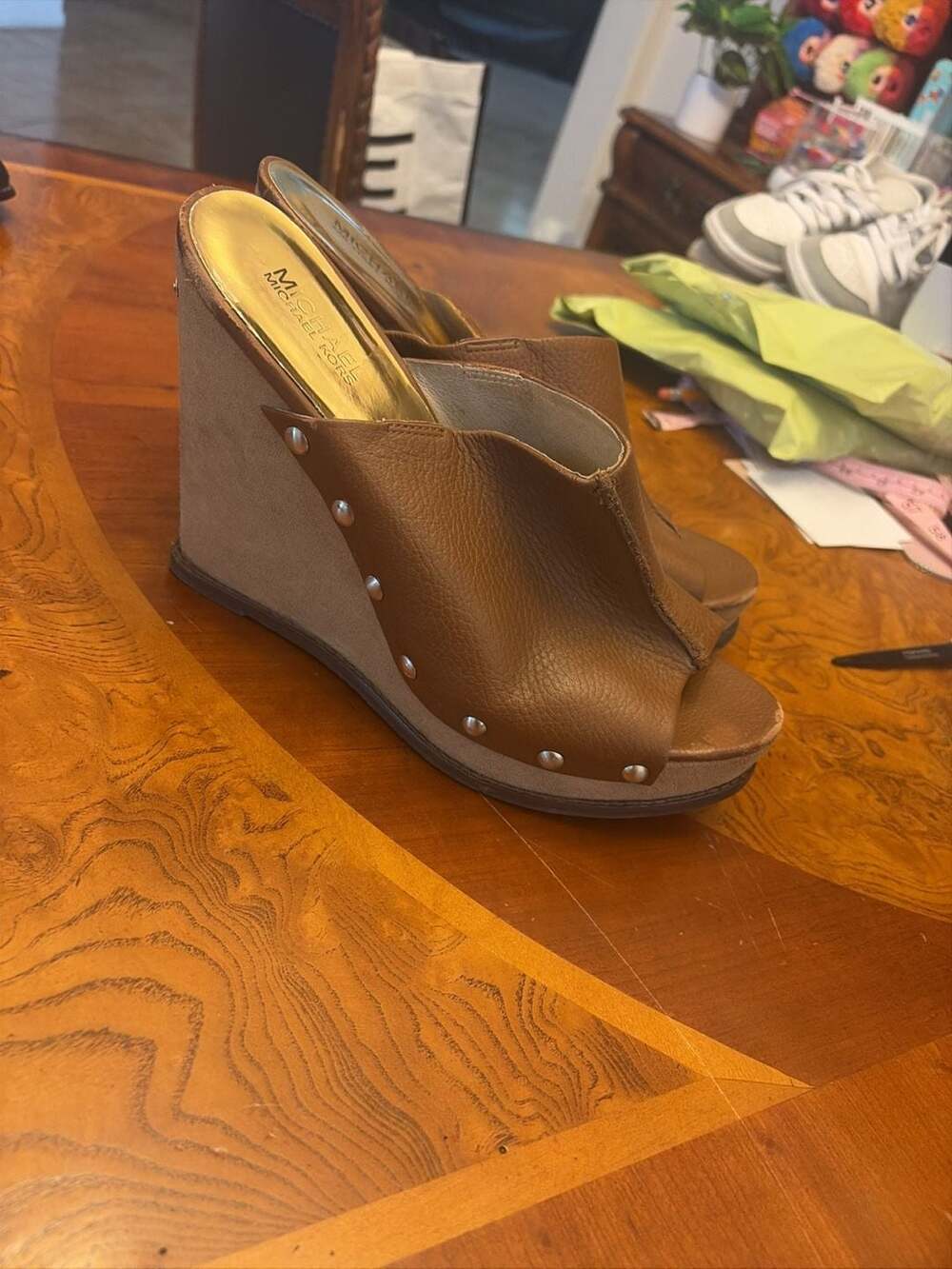 Michael Kors Brown Leather Studded Wedge Mules Size 11M - Picture 2 of 4